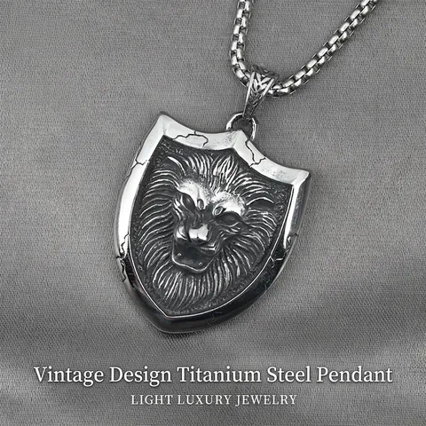 Retro Lion Head Shield Pendant Necklace For Men Titanium Steel Vintage Punk Hip Hop Jewelry Gift Stainless Steel Chain