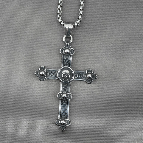 Vintage Gothic Skull Cross Pendant Necklace Titanium Steel Retro Oxidized Distressed Punk Style Jewelry For Men Boys