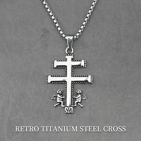Collier Pendentif Croix de Lorraine Ange en Acier Inoxydable Vintage pour Hommes Femmes Bijoux Religieux Gothiques Rétro Argent Vieilli