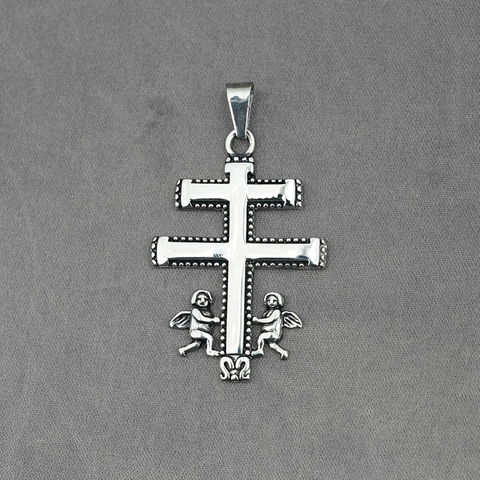 Collier Pendentif Croix de Lorraine Ange en Acier Inoxydable Vintage pour Hommes Femmes Bijoux Religieux Gothiques Rétro Argent Vieilli
