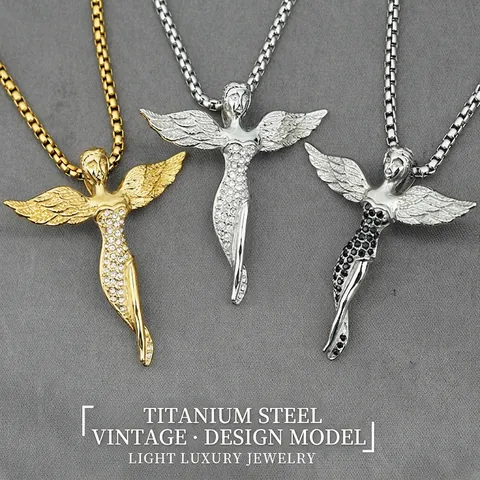 Collana con Pendente Angelo Alato in Acciaio al Titanio per Uomo Donna Collane Angelo con Strass Gioielli Hip Hop