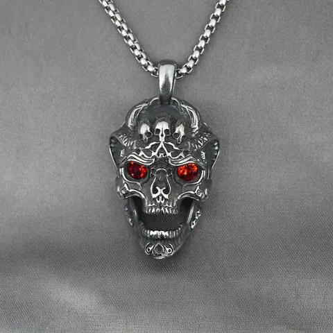 Gothic Vintage Stainless Steel Skull Pendant Necklace For Men Red Eyes Rhinestone Inlaid Punk Rock Hip Hop Jewelry Gift