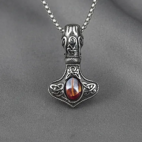 Viking Mjölnir Pendant Necklace For Men Stainless Steel Vintage Thor Hammer Celtic Knot Red Rhinestone Retro Punk Jewelry Gift
