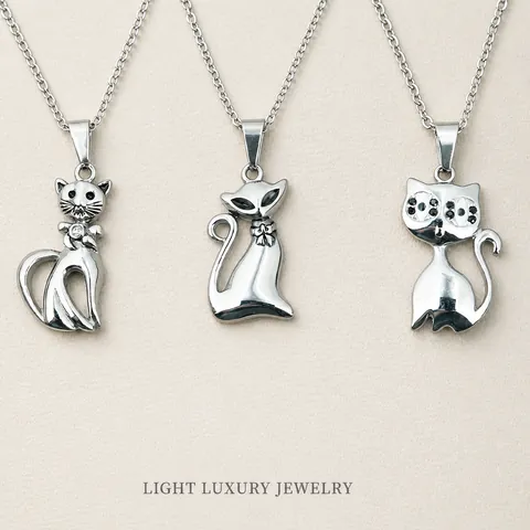 Stainless Steel Cat Pendant Necklace For Women Zirconia Inlaid Animal Kitten Necklace With Stainless Steel Chain Jewelry Gift