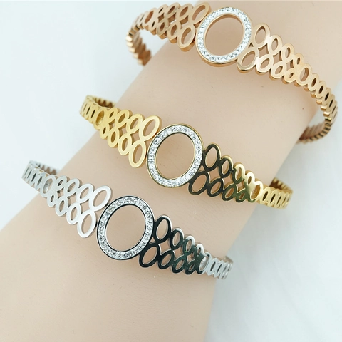 Bracciale Rigido in Acciaio al Titanio con Strass per Donna Braccialetti a Catena a Maglie Ovali Cavi Regalo di Gioielli