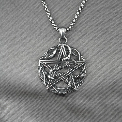 Collana Pendente Pentacolo Serpente Acciaio al Titanio Vintage Gotico Distressed Gioielli Punk Rock per Uomini
