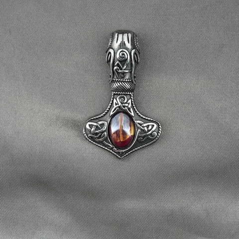 Viking Mjölnir Pendant Necklace For Men Stainless Steel Vintage Thor Hammer Celtic Knot Red Rhinestone Retro Punk Jewelry Gift