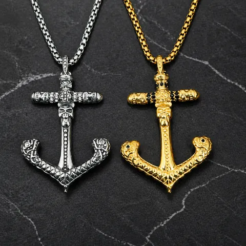 Gothic 316L Stainless Steel Skull Anchor Cross Pendant Necklace With Zirconia Box Chain For Men Punk Retro Jewelry Gift