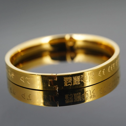 Gold Titanstahl Buddhistisches Mantra Armreif Für Herren Damen Sanskrit Sechs Wort Mantra Graviertes Schriftzug Armband Ethnischer Schmuck