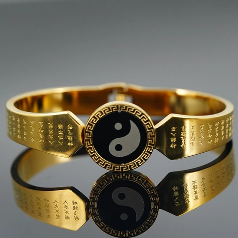 Vintage Stainless Steel Tai Chi Bagua Bangle With Scripture Engraving Ethnic Chinese Style Gold Cuff Bracelet Jewelry