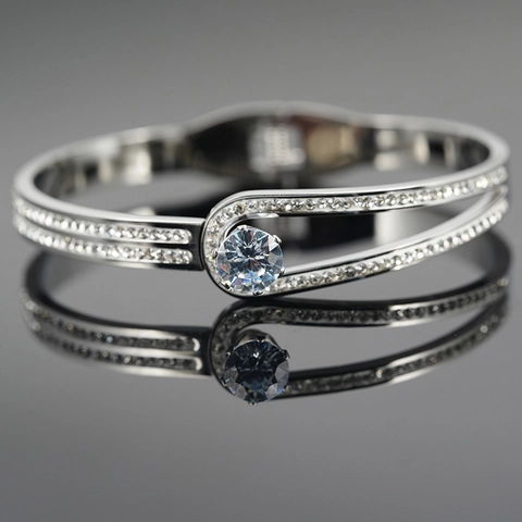 Bracciale Rigido in Acciaio Inossidabile Con Zirconia Pietra Rotonda Elegante Doppia Fila di Strass Gioielli da Donna Matrimonio
