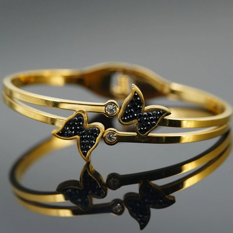 Lussuoso Bracciale Rigido a Farfalla in Acciaio al Titanio Donna Oro Doppio Strato Con Pietre di Zirconia Nere e Chiare