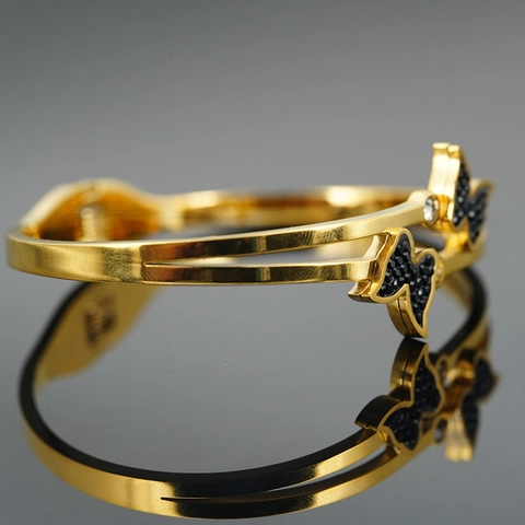 Lussuoso Bracciale Rigido a Farfalla in Acciaio al Titanio Donna Oro Doppio Strato Con Pietre di Zirconia Nere e Chiare