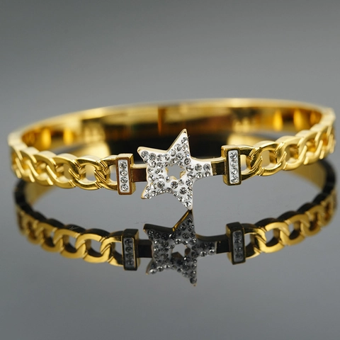 Bracciale Rigido di Lusso in Acciaio al Titanio con Stella Placcato Oro e Strass Design a Catena Cubana Gioielli Donna