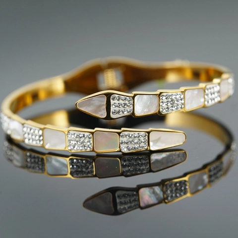 Fashion Luxury Snake Bangle For Women Titanium Steel White Mother Of Artificial Pearl Zirconia Inlaid Open Bracelet Serpent Jewelry
