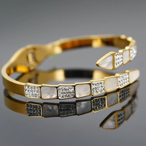 Fashion Luxury Snake Bangle For Women Titanium Steel White Mother Of Artificial Pearl Zirconia Inlaid Open Bracelet Serpent Jewelry