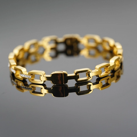 Titanstahl Vergoldet Rechteckige Gliederkette Armreif Mit Strass Einlage Geometrisch Minimalistisch Armband Für Damen Herren