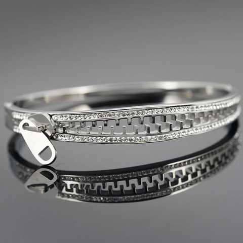 Brazalete de Cremallera de Acero de Titanio de Lujo para Mujer Incrustaciones de Strass Joyería de Moda Color Plata