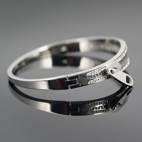 Brazalete de Cremallera de Acero de Titanio de Lujo para Mujer Incrustaciones de Strass Joyería de Moda Color Plata