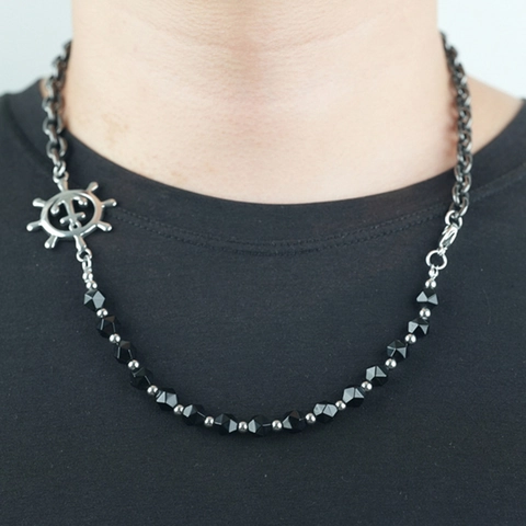 Nautical Ship Rudder Anchor Pendant Necklace Men Vintage Titanium Steel Chain Tiger Eye Obsidian Artificial Pearl Jewelry