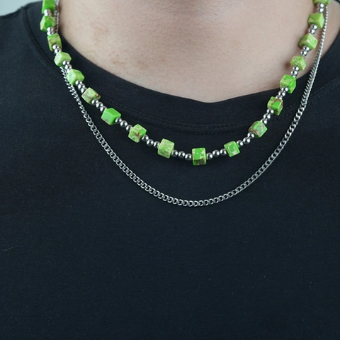Edelstahl Mehrlagige Halskette Herren Damen Trendig Grün Marmorstruktur Würfelperlen Rundperlen Bohemian Schmuck Geschenk
