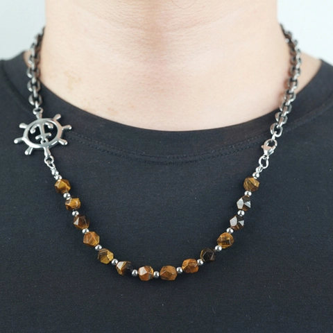 Nautical Ship Rudder Anchor Pendant Necklace Men Vintage Titanium Steel Chain Tiger Eye Obsidian Artificial Pearl Jewelry