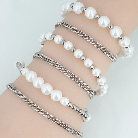 Mode Edelstahl Doppelschicht Künstliche Perle Armband Für Herren Damen Minimalistische Silberne Panzerkette Schmuck Geschenk