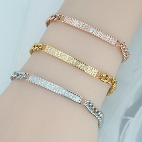 Pulsera de Eslabones de Titanio para Mujer Pulsera de Barra Rectangular con Doble Fila de Diamantes de Imitación Joyería