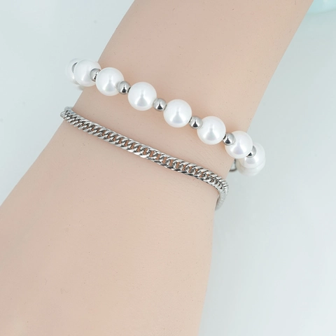 Mode Edelstahl Doppelschicht Künstliche Perle Armband Für Herren Damen Minimalistische Silberne Panzerkette Schmuck Geschenk