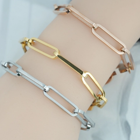 Pulsera de Cadena de Clip de Acero de Titanio Minimalista para Mujer Pulsera de Eslabones en Forma de Corazón Oro Plata Oro Rosa