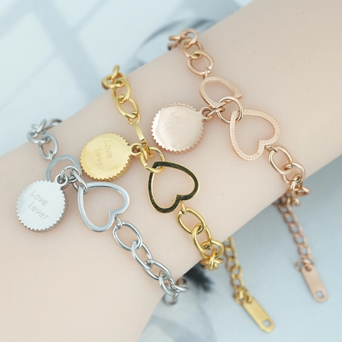 Damen Edelstahl Herz Anhänger Armband Fußkettchen Graviert Love Lever Runde Scheibe Verstellbares Kettenglied Schmuck Geschenk