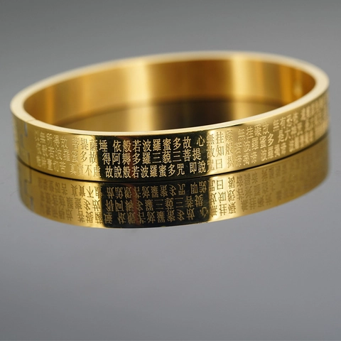 Stainless Steel Gold Plated Buddhist Heart Sutra Bangle Engraved Scripture Protection Bracelet Men Women Religious Gift