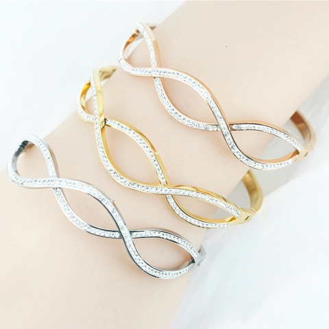 Titanium Steel Zirconia Wave Bangle For Women Elegant Infinity Shape Open Bracelet Fashion Jewelry Pave Rhinestone Hand Decor