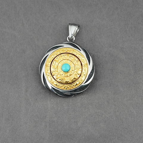 Collar de Colgante de Zodíaco Giratorio de Acero de Titanio Vintage Joyería de Símbolo Religioso Étnico Con Piedra Turquesa