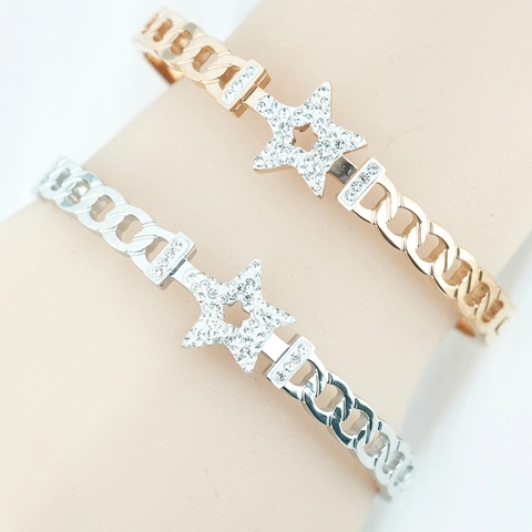 Bracciale Rigido da Donna in Acciaio al Titanio con Stella a Cinque Punte con Strass Intarsiati in Acciaio Inossidabile Catena Cubana