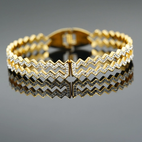 Brazalete Moderno de Acero de Titanio Zigzag con Zirconia Cúbica de Doble Fila Pulsera de Onda Joyería Geométrica para Regalo Mujer