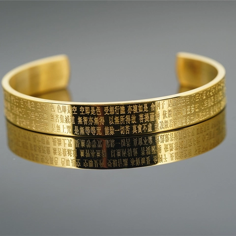 Vintage Chinese Style Mahjong Heart Sutra Engraved Bangle Gold Plated Titanium Steel Open Bracelet Retro Culture Jewelry