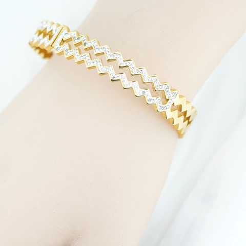 Brazalete Moderno de Acero de Titanio Zigzag con Zirconia Cúbica de Doble Fila Pulsera de Onda Joyería Geométrica para Regalo Mujer