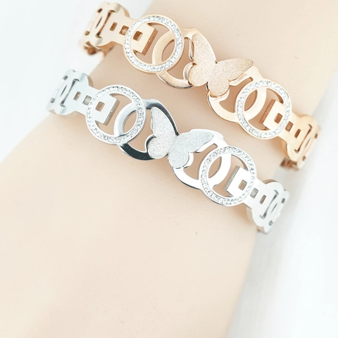 Braccialetto Rigido in Acciaio al Titanio Farfalla Zirconia Intarsiata Texture Smerigliata Donna Elegante Oro Rosa Argento Gioielli