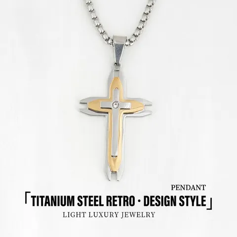 Vintage Edelstahl Dreilagig Zweifarbig Kreuz Anhänger Halskette Für Herren Damen Hip-Hop Strass Religiöser Schmuck