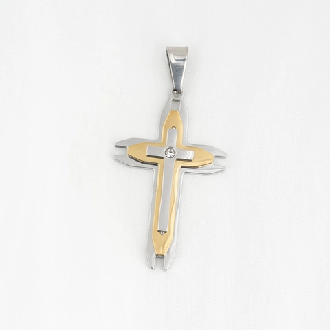 Vintage Edelstahl Dreilagig Zweifarbig Kreuz Anhänger Halskette Für Herren Damen Hip-Hop Strass Religiöser Schmuck