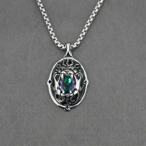 Vintage Lion Head Pendant Necklace Stainless Steel Multicolored Zirconia Gothic Punk Hip Hop Jewelry For Men Women