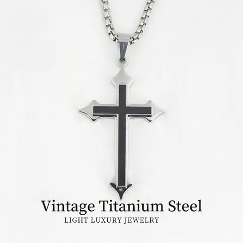 Collier Pendentif Croix en Acier Inoxydable Vintage pour Hommes Bijoux Religieux Gothiques avec Émail Noir Collier Chaîne Box Cadeau
