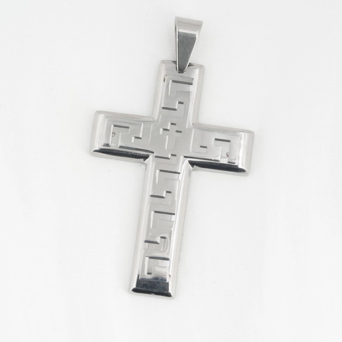 Vintage Roestvrijstalen Meander Patroon Kruis Hanger Ketting Voor Heren Religieuze Mode Gesneden Grote Muur Patroon Sieraden
