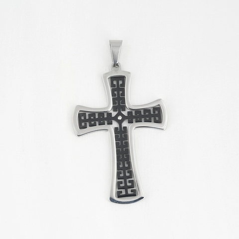 Collar con Colgante de Cruz de Acero Inoxidable Vintage para Hombre Patrón de Greca Negra Incrustaciones de Strass Joyería Gótica