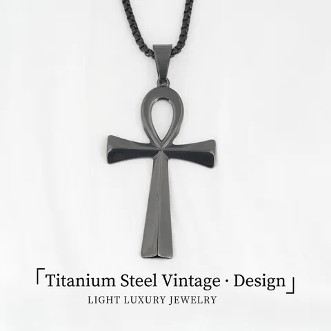 Collana con Pendente a Croce Ankh Nera in Acciaio Inossidabile Vintage per Uomo Gioielli Egiziani Chiave Della Vita Gothic Punk