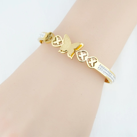 Bracciale Rigido a Farfalla in Acciaio Inossidabile da Donna Placcato Oro Cuore Intagliato Strass Intarsiato Gioielli Regalo