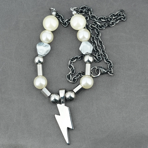 Punk Titanstahl Blitz Anhänger Halskette Mit Künstlicher Perle Strass Marmorperlen Mischkette Mode Schmuck