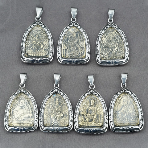 Vintage Stainless Steel Buddha Amulet Pendant Necklace For Men Religious Figure Gold Silver Two Tone Ethnic Jewelry