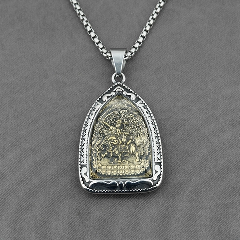 Vintage Stainless Steel Buddha Amulet Pendant Necklace For Men Religious Figure Gold Silver Two Tone Ethnic Jewelry